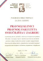 Dodjela godišnje Nagrade Miko Tripalo za 2016. g.- Pravnoj klinici Pravnog fakulteta Sveučilišta u Zagrebu
